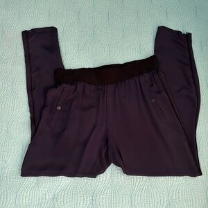 Aritzia’s Le Fou Wilfred Navy Silk Tapered Pants with Black Pipping and Zippers